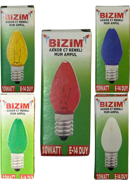 10W Beş Farklı Renk (Kırmızı, Sarı, Mavi, Yeşil, Günışığı) E14 Duylu Dim Edilebilir Mum Ampul (Toplam 5 Adet)