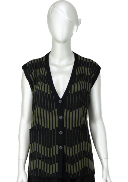 Kadın Kışlık Anne Yelek Pamuklu Triko Örme Klasik Açelya Motifli Önden Düğmeli Çift Cepli