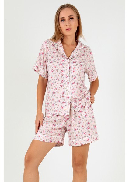 Pink Floral Kısa Kollu Kadın Şortlu Pijama Takım