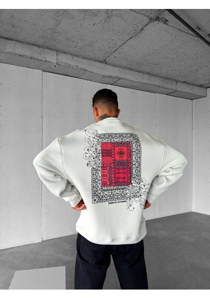 Erkek Oversize Desen Yamalı Sweatshirt Gri