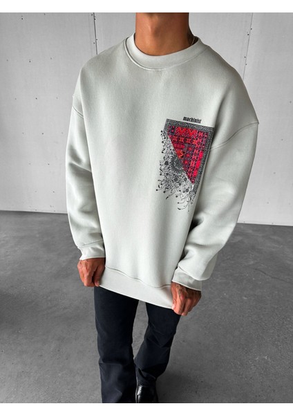 Erkek Oversize Desen Yamalı Sweatshirt Gri