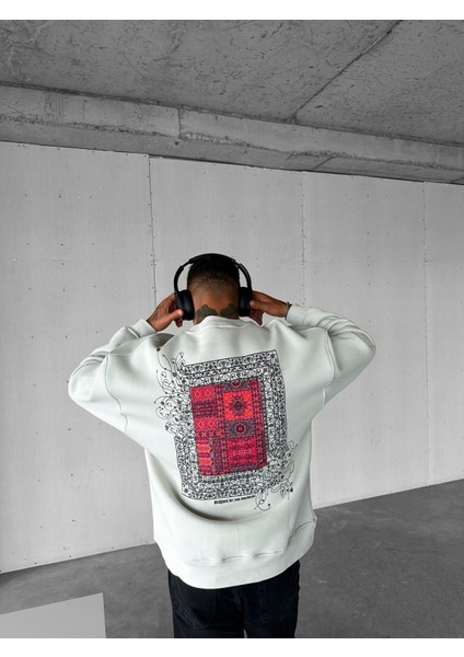 Erkek Oversize Desen Yamalı Sweatshirt Gri