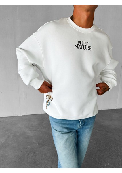 Erkek Oversize Yuvarlak Yaka Nakışlı Sweatshirt Beyaz