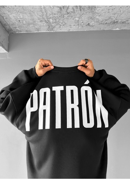 Erkek Oversize Patrón Baskılı Premium Sweatshirt Siyah