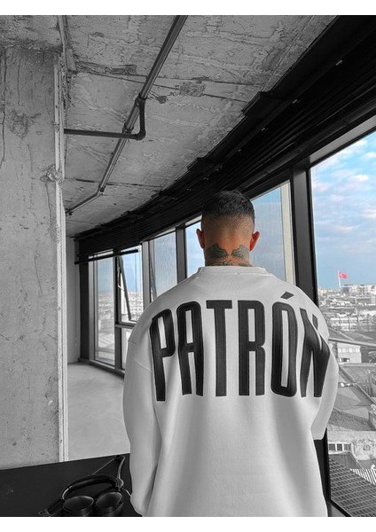 Erkek Oversize Patrón Baskılı Premium Sweatshirt Ekru