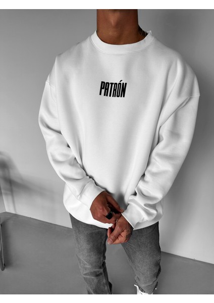 Erkek Oversize Patrón Baskılı Premium Sweatshirt Ekru