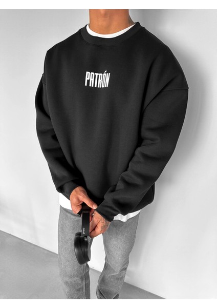 Erkek Oversize Patrón Baskılı Premium Sweatshirt Siyah