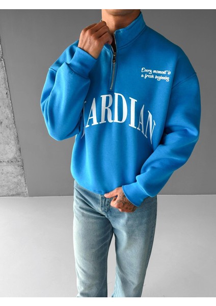 Erkek Oversize Yarım Fermuarlı Dik Yakalı Baskılı Sweatshirt Mavi