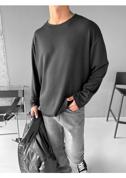 Erkek Oversize Basic Uzun Kollu Sweatshirt Siyah