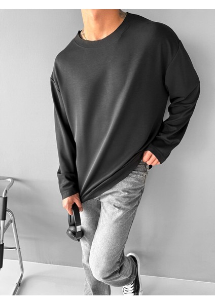Erkek Oversize Basic Uzun Kollu Sweatshirt Siyah