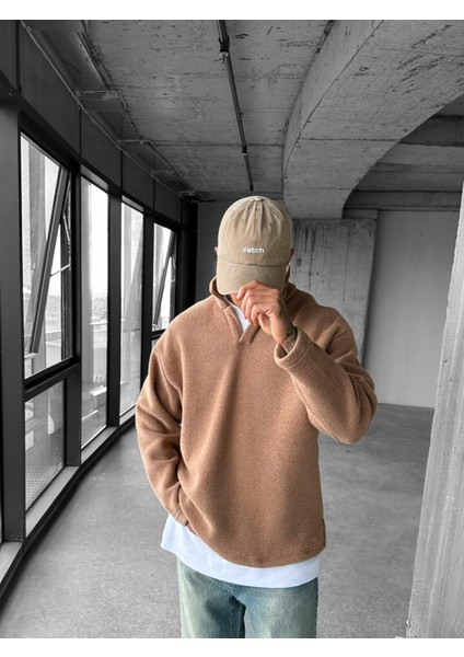 Erkek Polo Yaka Polar Sweatshirt Açık Kahve