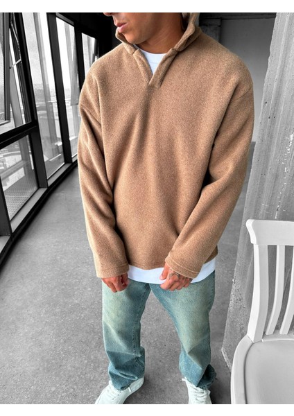 Erkek Polo Yaka Polar Sweatshirt Açık Kahve