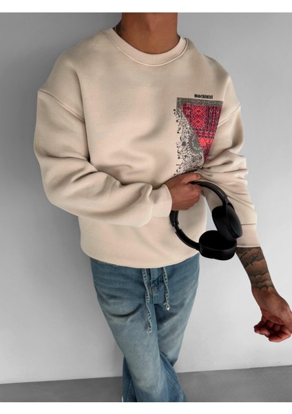 Erkek Oversize Desen Yamalı Sweatshirt Açık Bej