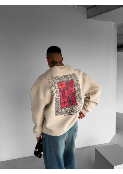 Erkek Oversize Desen Yamalı Sweatshirt Açık Bej