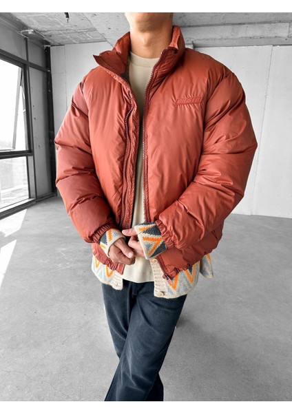 Erkek Oversize Dik Yakalı Fermuarlı Cepli Mont Turuncu