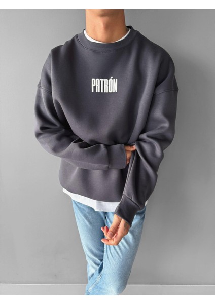 Erkek Oversize Patrón Baskılı Premium Sweatshirt Antrasit