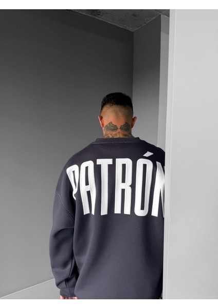 Erkek Oversize Patrón Baskılı Premium Sweatshirt Antrasit
