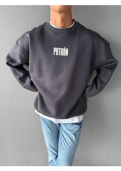 Erkek Oversize Patrón Baskılı Premium Sweatshirt Antrasit
