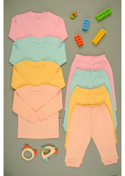 Pamuklu Yumuşak Kız - Erkek Bebek Uzun Kollu Omuz Çıtçıt Patikli 4'lu Takım