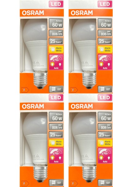 8.8W (60W) 2700K (Sarı Işık) E27 Duylu Sensörlü LED Ampul (4 Adet)