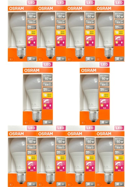 8.8W (60W) 2700K (Sarı Işık) E27 Duylu Sensörlü LED Ampul (10 Adet)