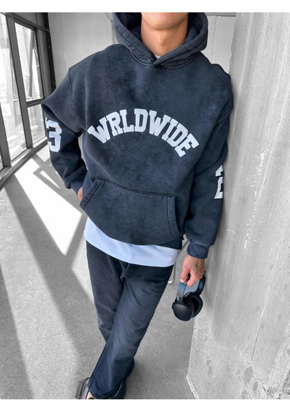 Erkek Wrld Wide Baskılı Oversize Hoodie Füme