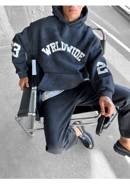 Erkek Wrld Wide Baskılı Oversize Hoodie Füme