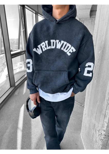 Erkek Wrld Wide Baskılı Oversize Hoodie Füme