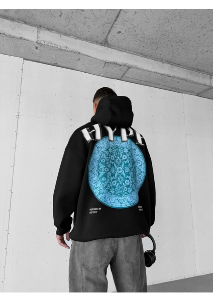 Erkek Oversize Hype Baskılı Premium Kapüşonlu Sweatshirt Siyah