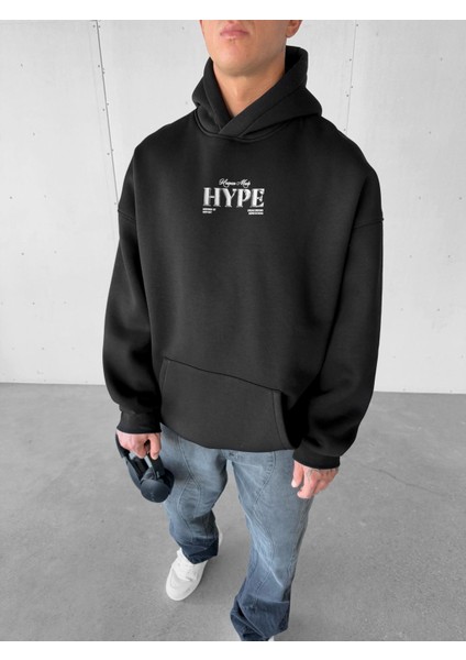 Erkek Oversize Hype Baskılı Premium Kapüşonlu Sweatshirt Siyah