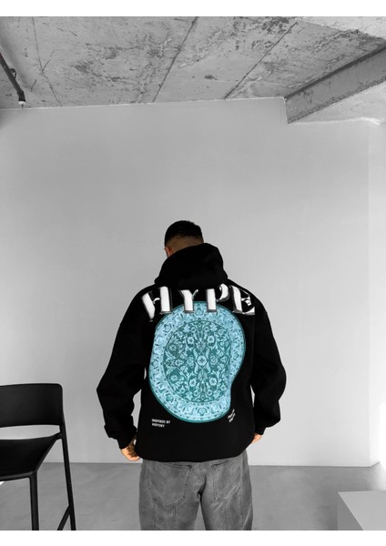 Erkek Oversize Hype Baskılı Premium Kapüşonlu Sweatshirt Siyah