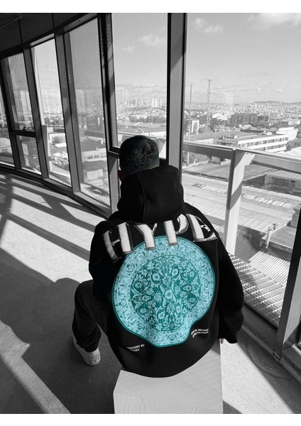 Erkek Oversize Hype Baskılı Premium Kapüşonlu Sweatshirt Siyah