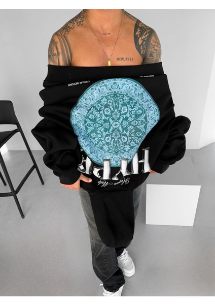 Erkek Oversize Hype Baskılı Premium Kapüşonlu Sweatshirt Siyah