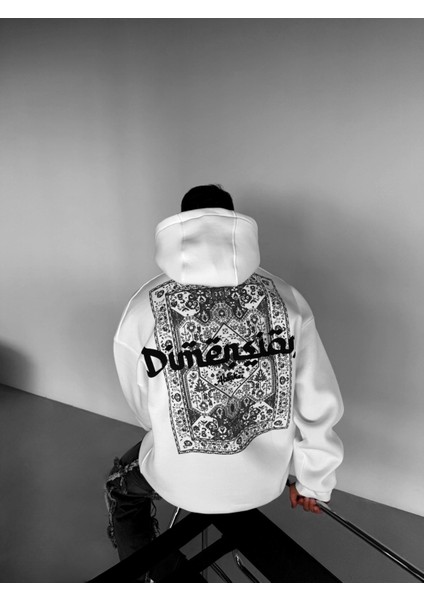 Erkek Oversize Dimension Baskılı Premium Kapüşonlu Sweatshirt Ekru Siyah