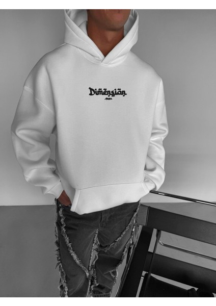 Erkek Oversize Dimension Baskılı Premium Kapüşonlu Sweatshirt Ekru Siyah