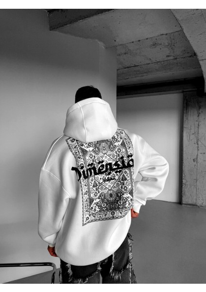 Erkek Oversize Dimension Baskılı Premium Kapüşonlu Sweatshirt Ekru Siyah