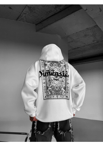 Erkek Oversize Dimension Baskılı Premium Kapüşonlu Sweatshirt Ekru Siyah