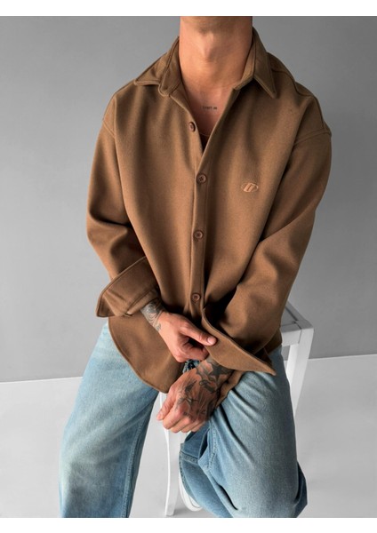 Erkek Oversize Basic Uzun Kollu Kaşe Gömlek Taba