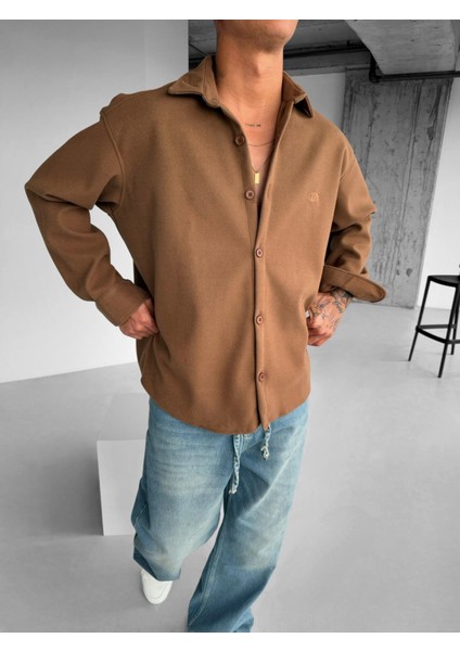 Erkek Oversize Basic Uzun Kollu Kaşe Gömlek Taba