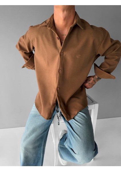 Erkek Oversize Basic Uzun Kollu Kaşe Gömlek Taba
