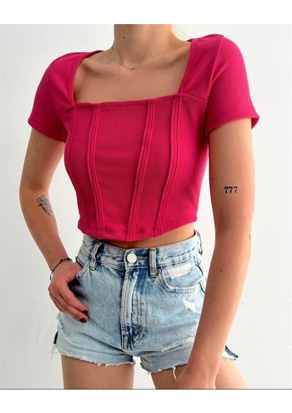 Kadın Pembe Beyaz Kare Yaka Korse Görünümlü Fitilli Crop Bluz