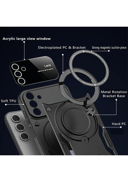 Samsung Galaxy S24 Fe Kılıf Magsafe Dönebilen Halkalı Standlı Tam Kamera Lens Korumalı Gold Detaylı Military