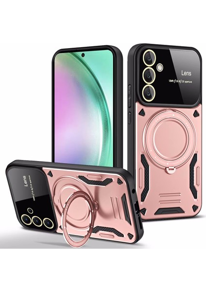 Samsung Galaxy S24 Fe Kılıf Magsafe Dönebilen Halkalı Standlı Tam Kamera Lens Korumalı Gold Detaylı Military