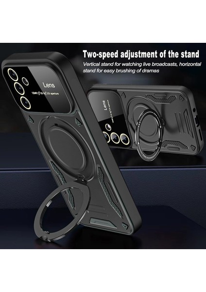 Samsung Galaxy S24 Fe Kılıf Magsafe Dönebilen Halkalı Standlı Tam Kamera Lens Korumalı Gold Detaylı Military modelleri