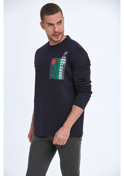 Pattern Bisiklet Yaka Erkek Sweatshirt Lacivert