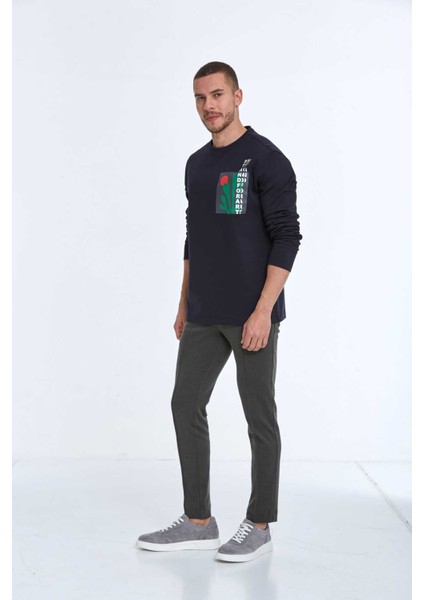 Pattern Bisiklet Yaka Erkek Sweatshirt Lacivert fırsatları