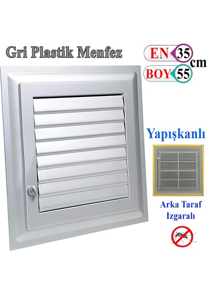 Menfez Banyo Wc Tuvalet Havalandırma Plastik Panjur Gri 35X55 cm