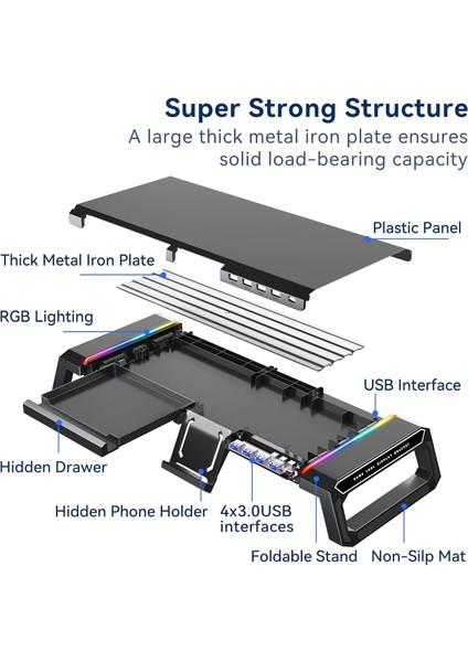 Rgb Oyun Bilgisayar Monitörü Standı Yükseltici, 4 USB 3.0 Hub, Ayarlanabilir Uzunluk