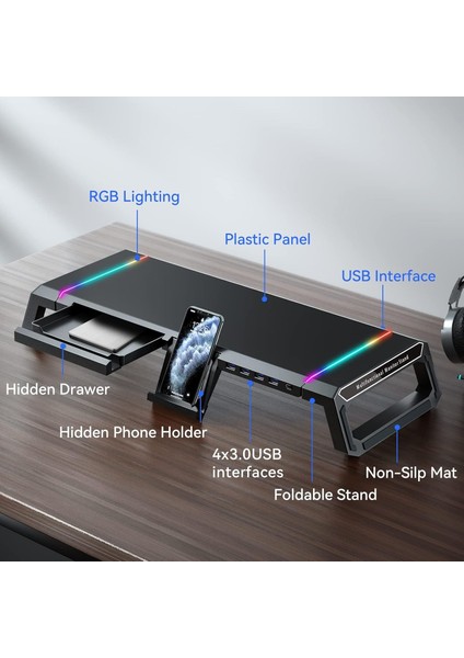 Rgb Oyun Bilgisayar Monitörü Standı Yükseltici, 4 USB 3.0 Hub, Ayarlanabilir Uzunluk