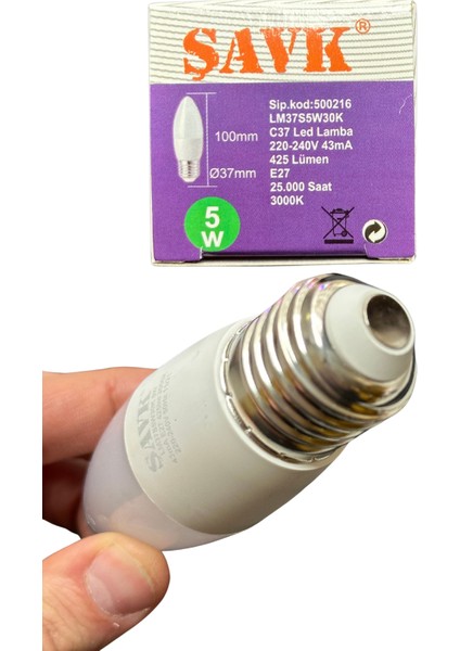 5W (37W) 3000K (Sarı Işık) E27 Duylu LED Mum Ampul (8 Adet)